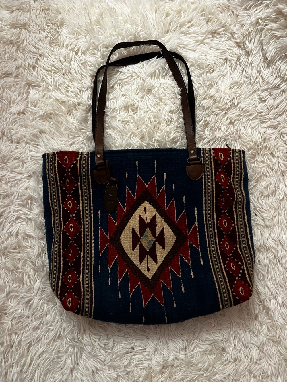Manos Zapotecas Handwoven Southwestern Tote Bag in Navy and Red